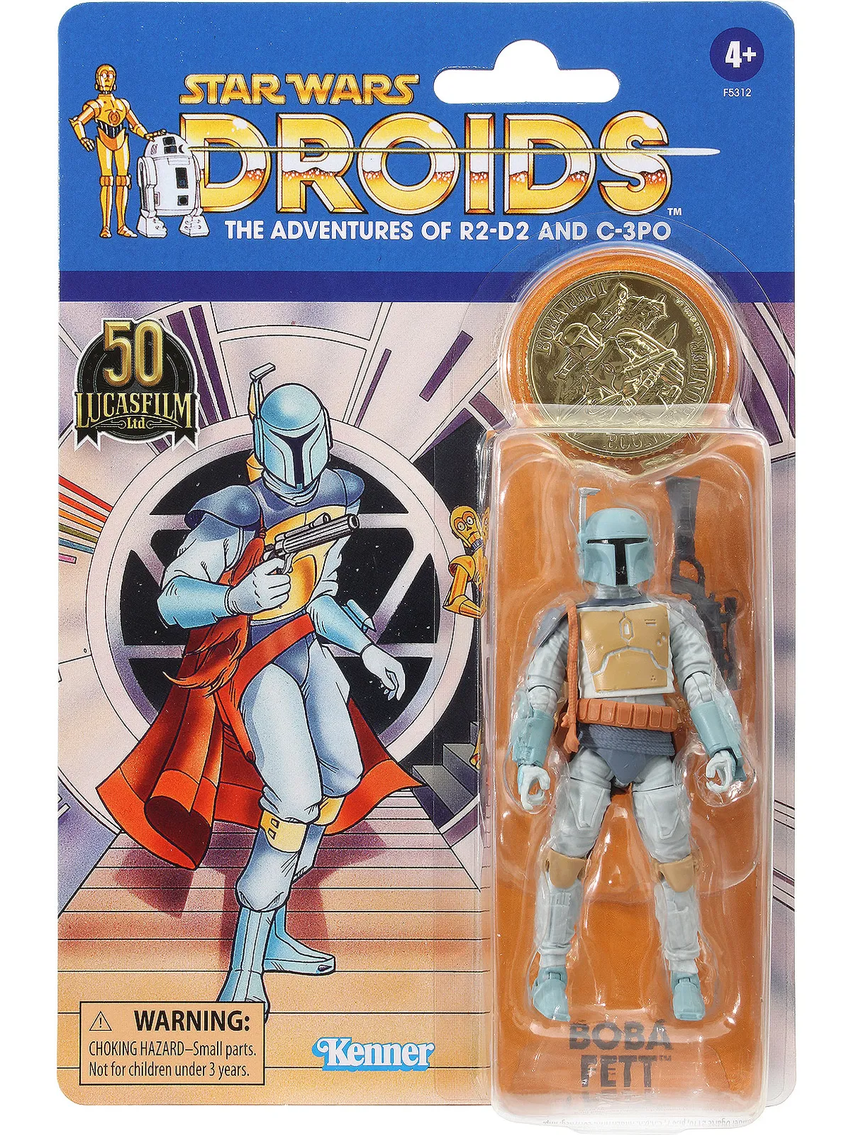 Een Droids-kaart van Boba Fett met subsetlogo, een 50 jaar Lucasfilm-munt en het Kenner-logo, zonder VC-nummer