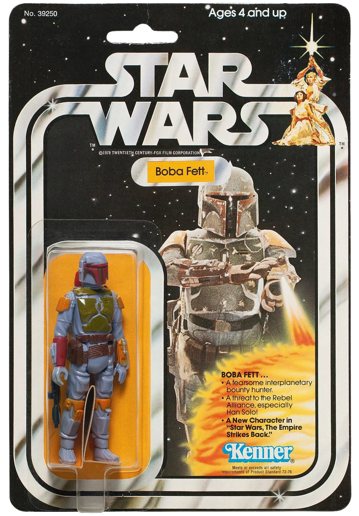 Originele Kenner-kaart van Boba Fett uit 1979 met de klassieke figuurkleuren en het blauwe Kenner-logo